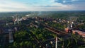 Factory metal steel drone aerial video shot smoke chimneys black processing hot, smog city Ostrava, dust air dron