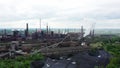 Factory metal steel drone aerial video shot smoke chimneys black processing hot, smog city Ostrava, dust air dron