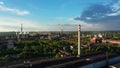 Factory metal steel drone aerial video shot smoke chimneys black processing hot, smog city Ostrava, dust air dron refinery