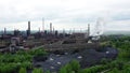 Factory processing hot metal steel drone aerial video shot smoke chimneys black, smog city Ostrava, dust air dron