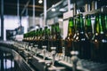 Factory for the production of beer. Brewery conveyor with glass beer drink alcohol bottles, modern production line. Blurred Royalty Free Stock Photo