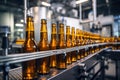 Factory for the production of beer. Brewery conveyor with glass beer drink alcohol bottles, modern production line. Blurred Royalty Free Stock Photo