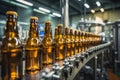 Factory for the production of beer. Brewery conveyor with glass beer drink alcohol bottles, modern production line. Blurred Royalty Free Stock Photo