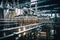 Factory for the production of beer. Brewery conveyor with glass beer drink alcohol bottles, modern production line. Blurred Royalty Free Stock Photo