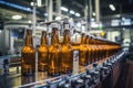 Factory for the production of beer. Brewery conveyor with glass beer drink alcohol bottles, modern production line. Blurred Royalty Free Stock Photo