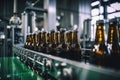 Factory for the production of beer. Brewery conveyor with glass beer drink alcohol bottles, modern production line. Blurred Royalty Free Stock Photo