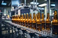 Factory for the production of beer. Brewery conveyor with glass beer drink alcohol bottles, modern production line. Blurred Royalty Free Stock Photo