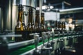 Factory for the production of beer. Brewery conveyor with glass beer drink alcohol bottles, modern production line. Blurred Royalty Free Stock Photo