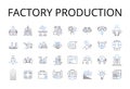 Factory production line icons collection. Industrial manufacturing, Mass production, Line assembly, Assembly line