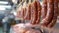 Factory for the production of meat products, cured sausages. Traditional spicy sausage hanging to dry, covered with