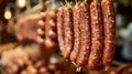 Cured sausages. Traditional spicy sausage hanging to dry. Factory for the production of meat products Royalty Free Stock Photo