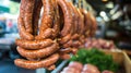 Factory for the production of meat products, cured sausages. Traditional spicy sausage hanging to dry, covered with Royalty Free Stock Photo