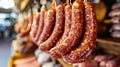 Factory for the production of meat products, cured sausages. Traditional spicy sausage hanging to dry, covered with Royalty Free Stock Photo