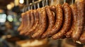Factory for the production of meat products, cured sausages. Traditional spicy sausage hanging to dry, covered with Royalty Free Stock Photo