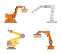 Factory robot arms. Automatic technology for manufacture industry. Mechanic control equipment carrying boxes