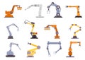 Factory robot arms, manipulators and cranes for manufacture industry. Flat mechanic control tool, automation technology