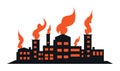 Factory silhouette with smokestacks emitting flames. Industrial plant on fire, emergency situation vector illustration