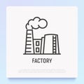 Factory with smoke from chimney thin line icon. Modern vector illustration