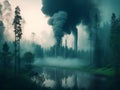 Factory smoke covering green forest double expo. Royalty Free Stock Photo