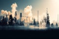 Factory smoke covering pine forest, double exposure. AI generated