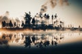 Factory smoke covering pine forest, double exposure. AI generated