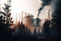 Factory smoke covering pine forest, double exposure. AI generated