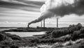 Factory smokestack pollutes nature, black and white landscape tainted generated by AI