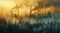 Factory with smokestacks juxtaposed against a forest struggling to survive, highlighting the sources and victims of air pollution Royalty Free Stock Photo