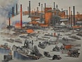 Factory, machine tools cars, smoking chimneys, modernist illustrations.