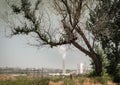 Factory with smoky pipes on the background of a tree with dried branches and gray sky in Ukraine Donbass