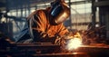 Factory steel welding man working safety industrial metal skill manufacturing welder job Royalty Free Stock Photo