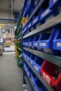 Factory stockroom boxes on shel Royalty Free Stock Photo