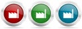 Factory vector icon set. Red, blue and green silver metallic web buttons with chrome border Royalty Free Stock Photo