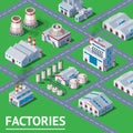 Factory vector industrial building and industry manufacture with engineering power illustration isometric infographics