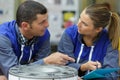 Factory worker discussing data with supervisor in metal factory Royalty Free Stock Photo