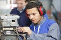 Factory worker with ear protection Royalty Free Stock Photo