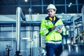 Factory worker engineer working in factory using tablet computer to check maintenance boiler water pipe in factory