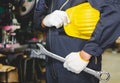 The factory worker holding a hard hat and a wrench Royalty Free Stock Photo