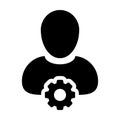 Factory worker icon vector male person profile avatar with gear cogwheel for settings and configuration in flat color glyph Royalty Free Stock Photo