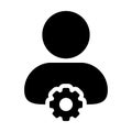 Factory worker icon vector male person profile avatar with gear cogwheel for settings and configuration in flat color glyph Royalty Free Stock Photo