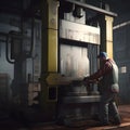 A factory worker operating a large hydraulic press Hyper- one created with generative AI