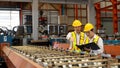 Factory worker operating metal stamping machine with engineer. Exemplifying