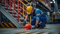 Factory worker in safety gear inspecting a hard hat on the factory floor Royalty Free Stock Photo