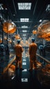 Factory workers converse, weaving connections as they walk through expansive production hall Royalty Free Stock Photo