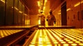 Factory workers testing newly manufactured solar panels in a simulated sunlight chamber ensuring maximum efficiency and