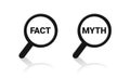 Facts myths sign. True or false. Magnifying glass with facts or myths. Concept of thorough fact-checking or easy compare evidence. Royalty Free Stock Photo