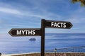 Facts or myths symbol. Concept word Myths and Facts on beautiful signpost with two arrows. Beautiful blue sea sky with clouds Royalty Free Stock Photo