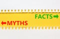 Facts or myths symbol. Concept word Myths and Facts on beautiful yellow paper. Beautiful white paper background. Business and