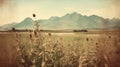 Vintage Polaroid Of Rumex Crispus Field And Mountains