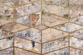 Old, faded and cracked wall collage with golden frames. Concrete, cement and golden wall pattern. Symmetric and abstract